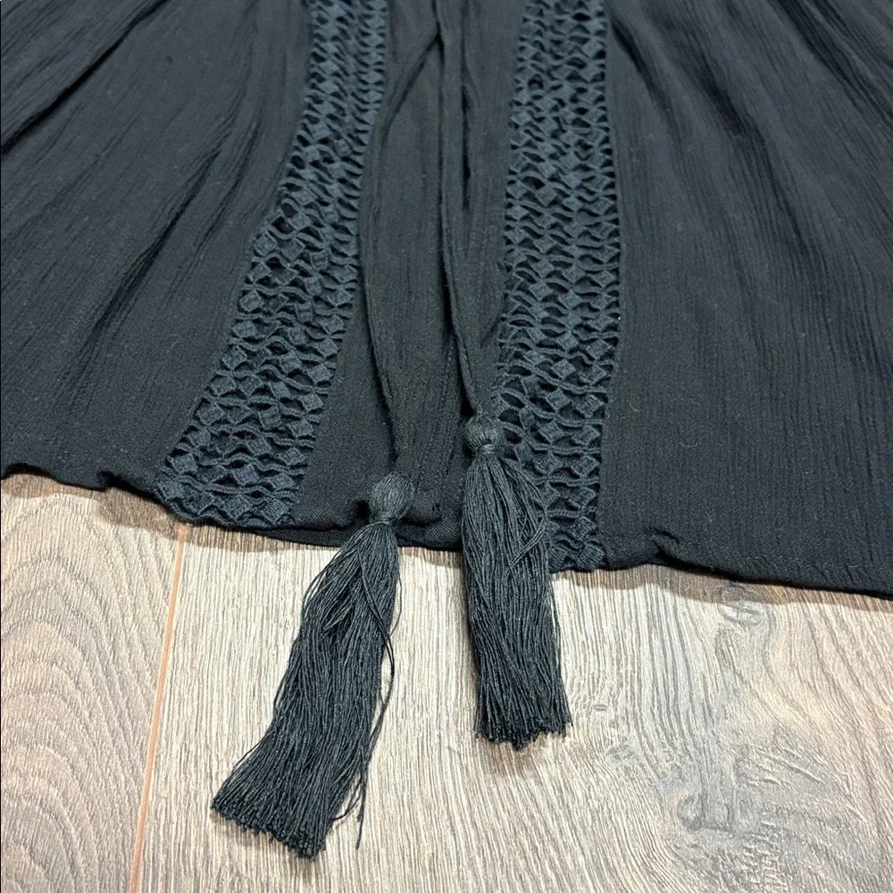 Elan Black Crochet Trim Beach Cover Up Kimono Boho Flowy Tunic Tassel Tie Small